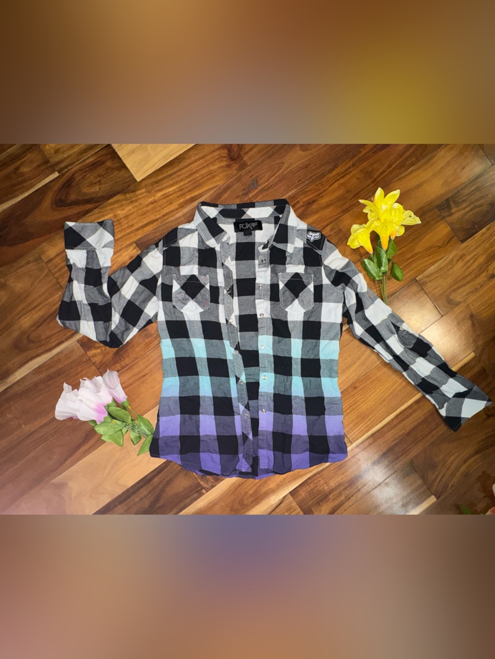 FOX Purple and Teal Black Ombré Button Down Long Sleeve